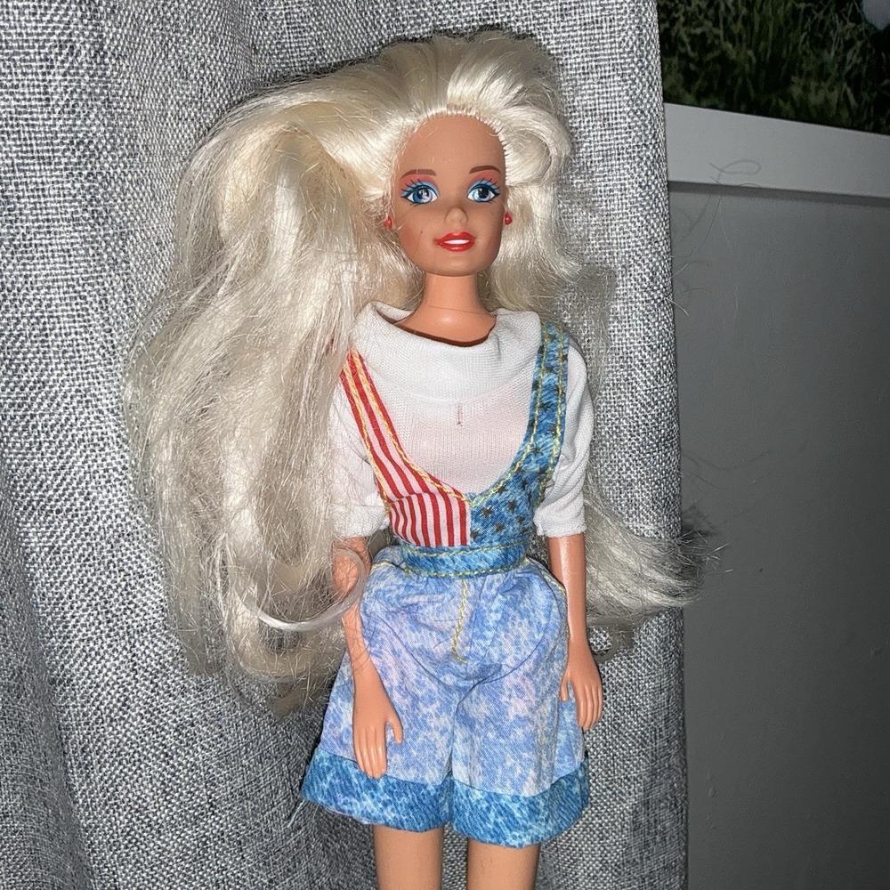 Vintage 90s Barbie Doll Acid Wash Denim Overalls Red White Blue American Flag